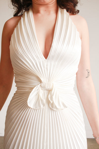 1970s Travilla Ivory Sunburst Pleated Halter Gown