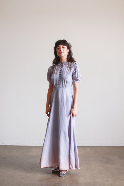 1940s Periwinkle Taffeta Puff Sleeve Gown