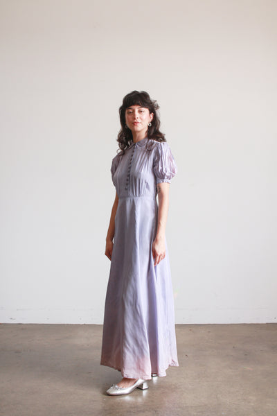 1940s Periwinkle Taffeta Puff Sleeve Gown