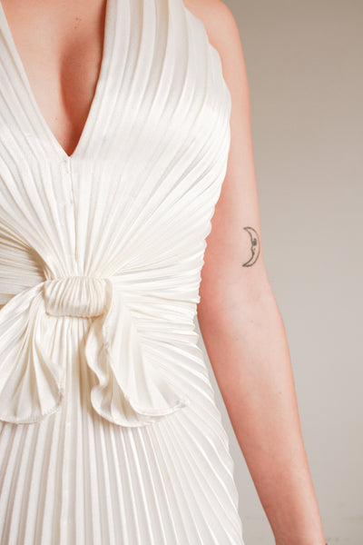 1970s Travilla Ivory Sunburst Pleated Halter Gown