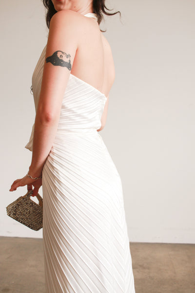 1970s Travilla Ivory Sunburst Pleated Halter Gown