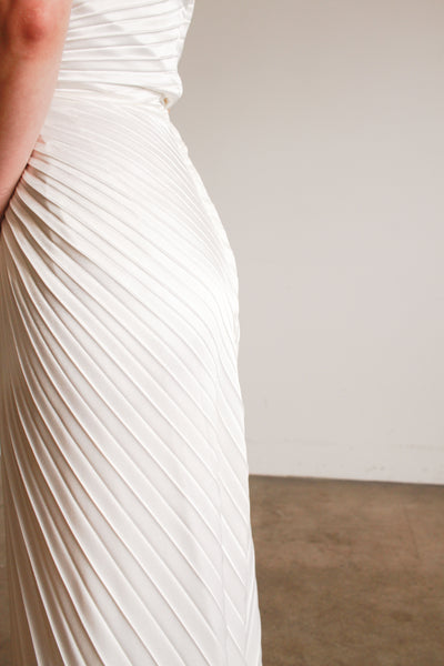 1970s Travilla Ivory Sunburst Pleated Halter Gown