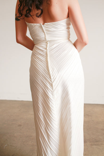 1970s Travilla Ivory Sunburst Pleated Halter Gown