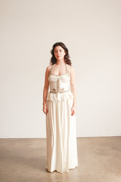 1940s Cream Beaded Embroidered Halter Ruffled Gown