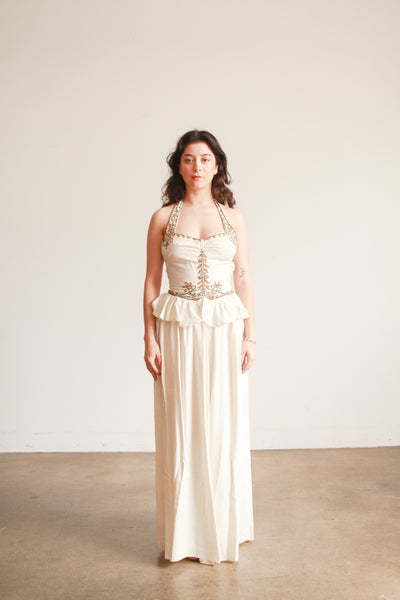 1940s Cream Beaded Embroidered Halter Ruffled Gown