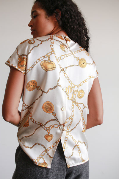 1980s Cream Charm Print Silk Blouse