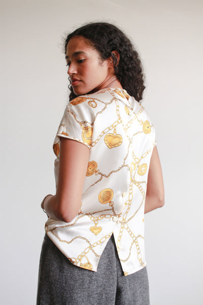 1980s Cream Charm Print Silk Blouse