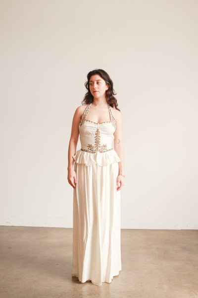 1940s Cream Beaded Embroidered Halter Ruffled Gown