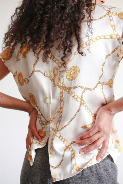 1980s Cream Charm Print Silk Blouse