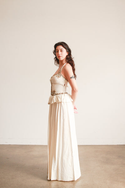 1940s Cream Beaded Embroidered Halter Ruffled Gown