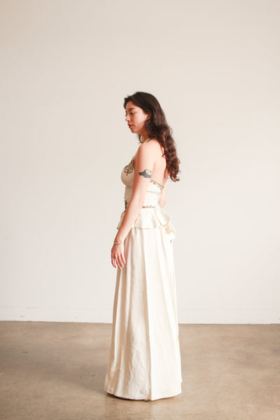 1940s Cream Beaded Embroidered Halter Ruffled Gown