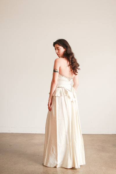 1940s Cream Beaded Embroidered Halter Ruffled Gown