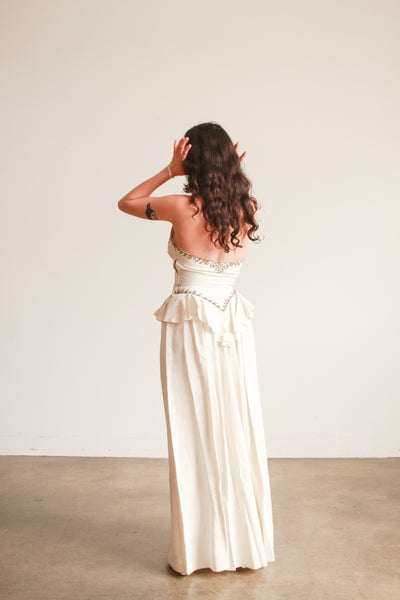 1940s Cream Beaded Embroidered Halter Ruffled Gown