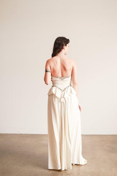 1940s Cream Beaded Embroidered Halter Ruffled Gown