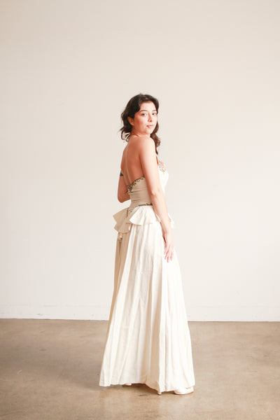 1940s Cream Beaded Embroidered Halter Ruffled Gown