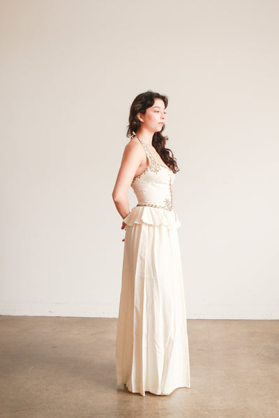 1940s Cream Beaded Embroidered Halter Ruffled Gown