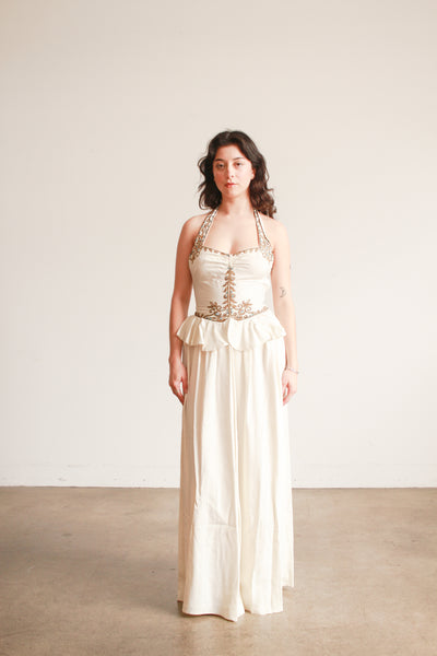 1940s Cream Beaded Embroidered Halter Ruffled Gown