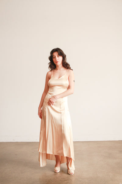 1980s Champagne Silk Cross back Bias Dress