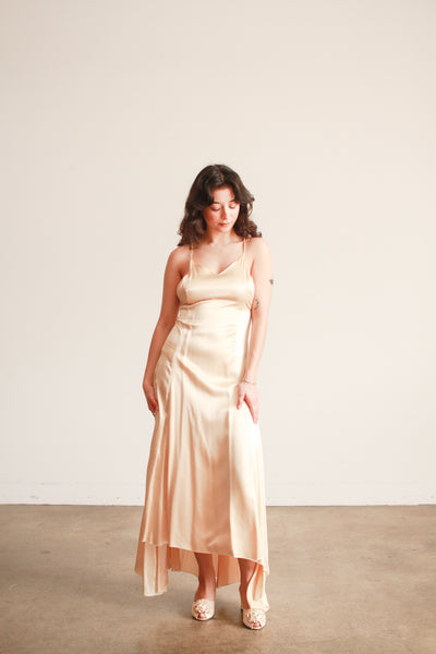 1980s Champagne Silk Cross back Bias Dress