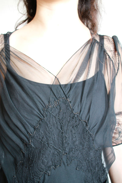 1930s Black Net Lace Chevron Gown