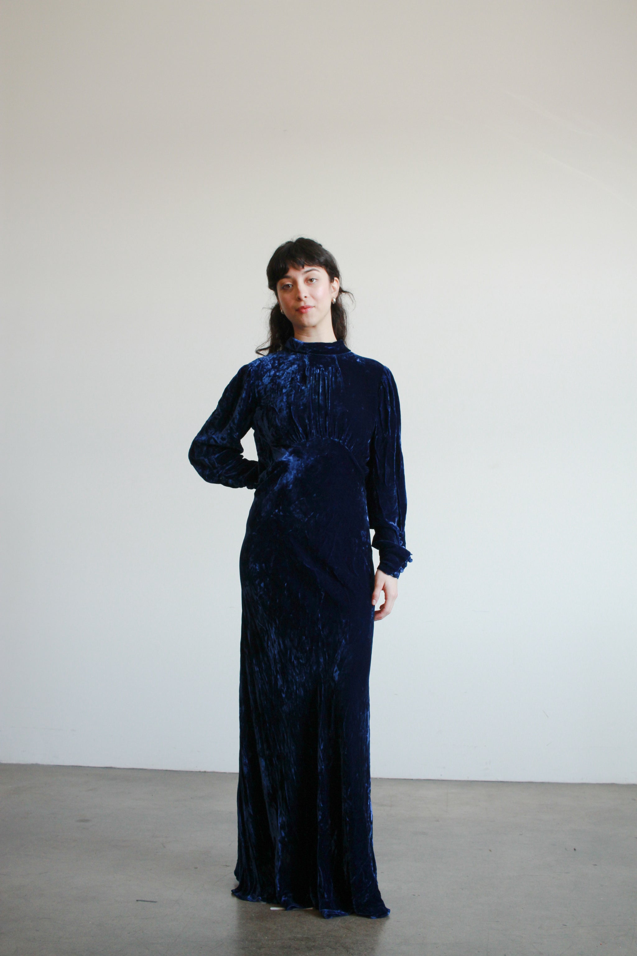1930s blue velvet dress 1930s Blue Silk Velvet and Lace Dress-XS/S  La Poubelle Vintage