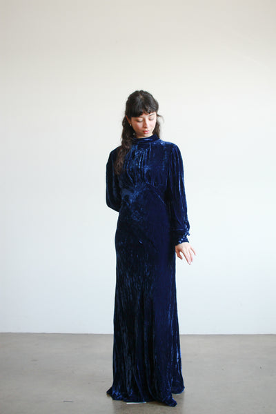 1930s Sapphire Blue Silk Velvet Gown