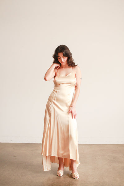 1980s Champagne Silk Cross back Bias Dress