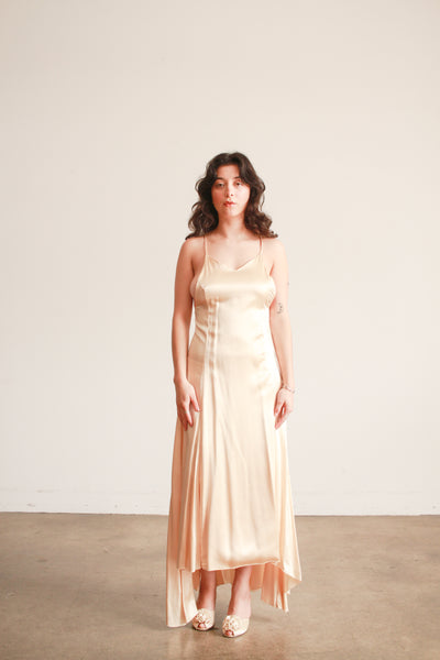 1980s Champagne Silk Cross back Bias Dress