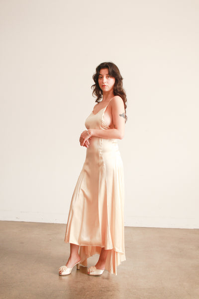 1980s Champagne Silk Cross back Bias Dress