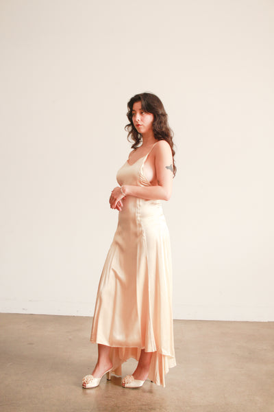 1980s Champagne Silk Cross back Bias Dress