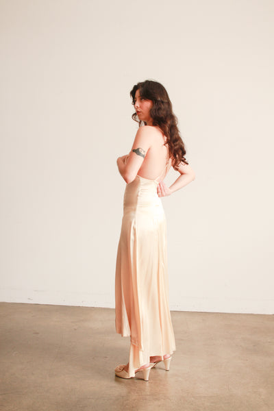 1980s Champagne Silk Cross back Bias Dress