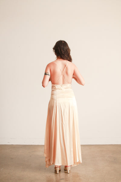 1980s Champagne Silk Cross back Bias Dress