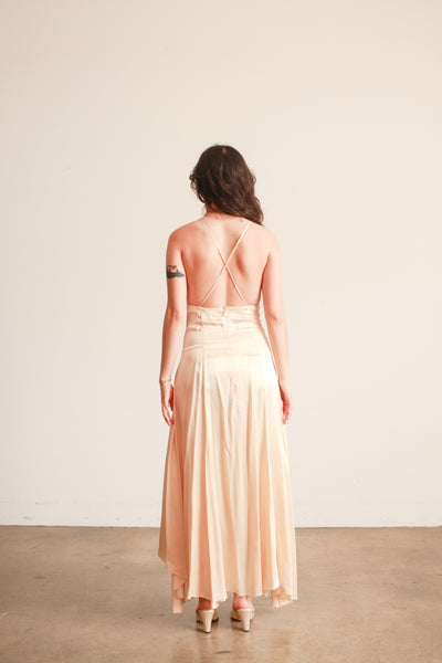 1980s Champagne Silk Cross back Bias Dress