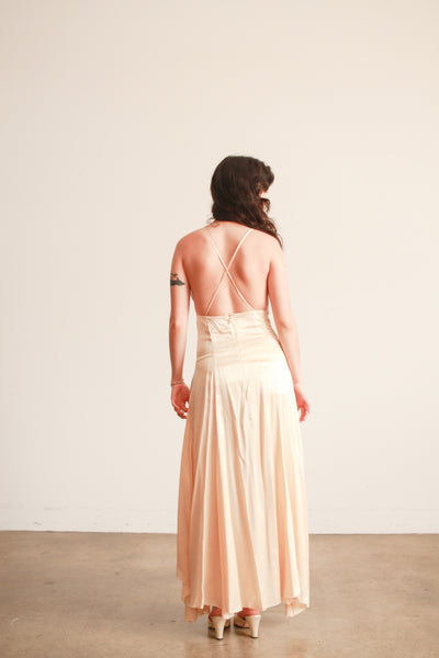 1980s Champagne Silk Cross back Bias Dress