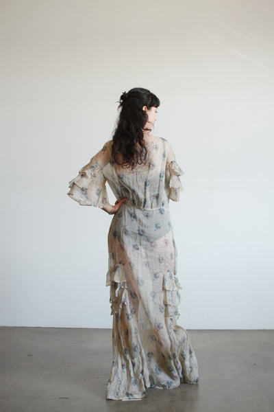 1930s Organza Floral Print Ruffled Gown