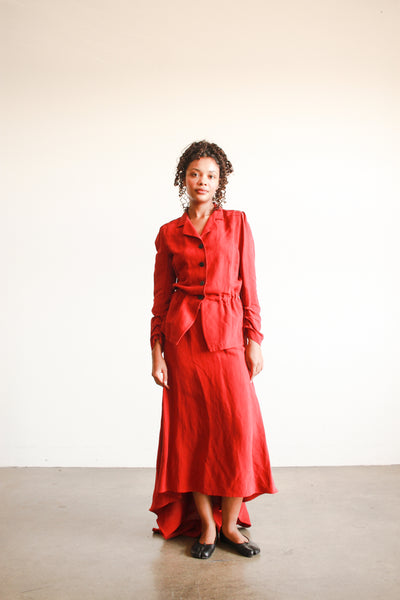 2000s Dries Van Noten Crimson Red Linen Bustle Skirt Set