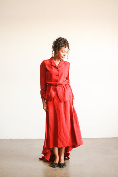 2000s Dries Van Noten Crimson Red Linen Bustle Skirt Set