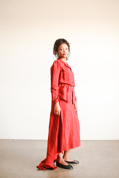 2000s Dries Van Noten Crimson Red Linen Bustle Skirt Set