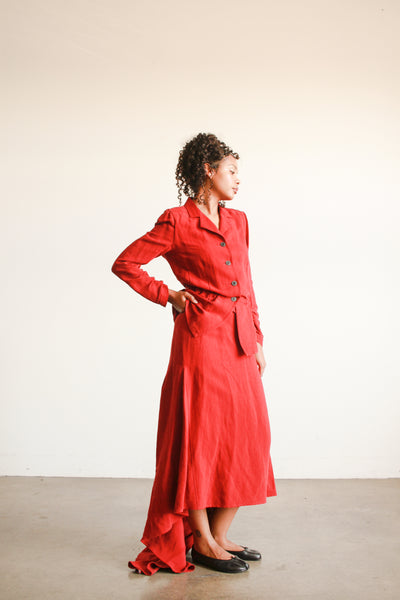 2000s Dries Van Noten Crimson Red Linen Bustle Skirt Set