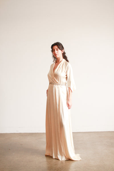 1940s Champagne Silk Charmeuse Wrap Gown