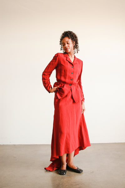 2000s Dries Van Noten Crimson Red Linen Bustle Skirt Set