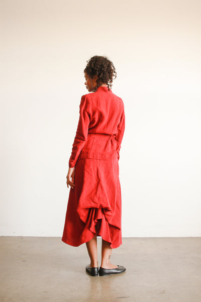 2000s Dries Van Noten Crimson Red Linen Bustle Skirt Set