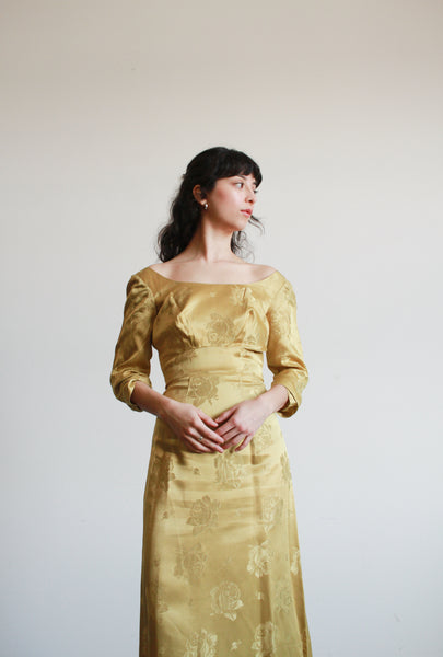 1950s Yellow Gold Damask Silk Dress