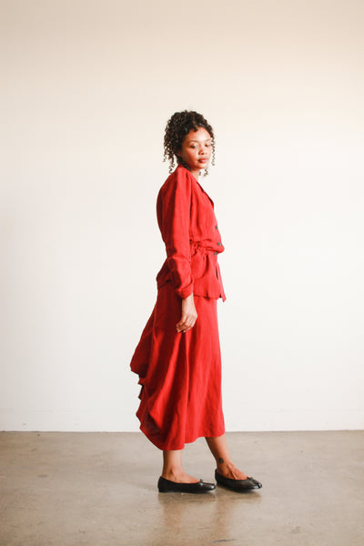 2000s Dries Van Noten Crimson Red Linen Bustle Skirt Set