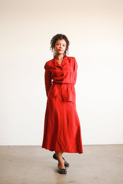 2000s Dries Van Noten Crimson Red Linen Bustle Skirt Set