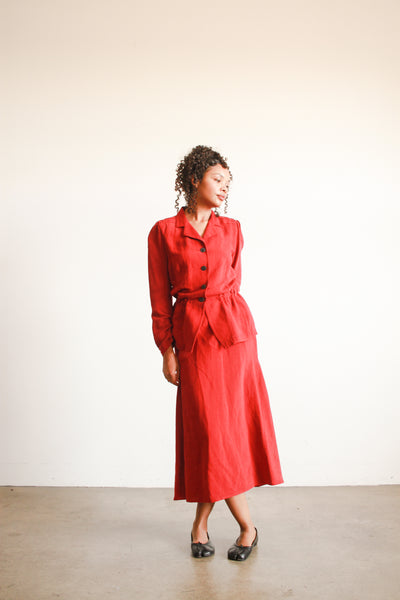 2000s Dries Van Noten Crimson Red Linen Bustle Skirt Set