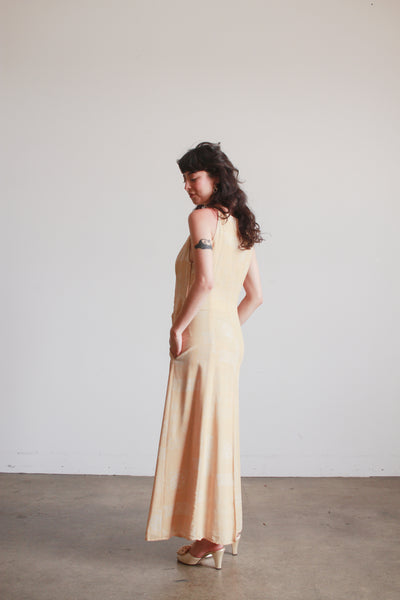 1990s Yellow Giorgio Armani Print Silk Midi Dress