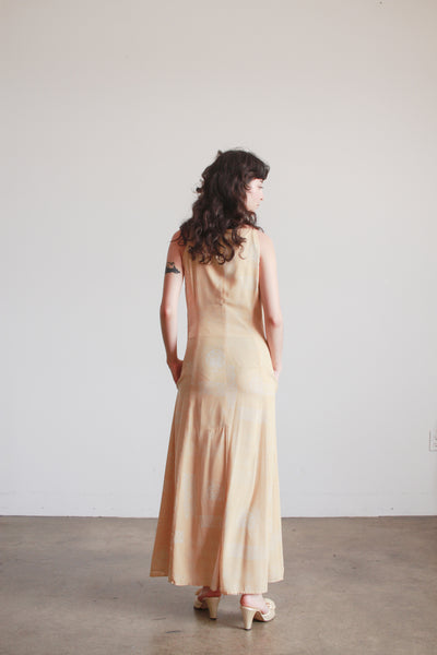 1990s Yellow Giorgio Armani Print Silk Midi Dress