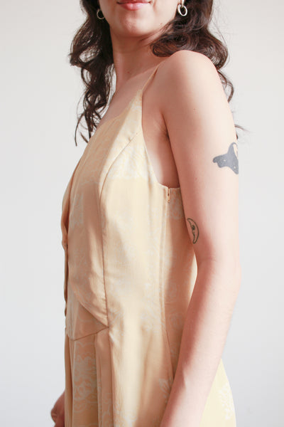 1990s Yellow Giorgio Armani Print Silk Midi Dress