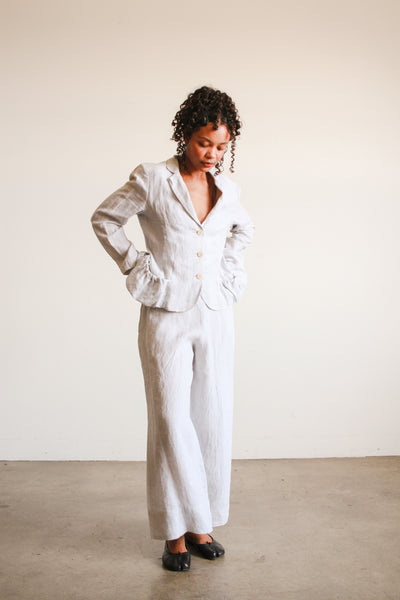 1990s Dove Grey Linen Wide Leg Suit